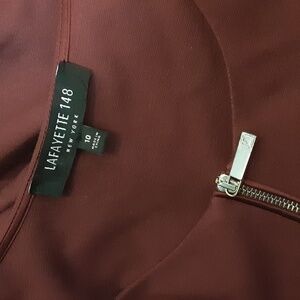 Lafayette 148 New York Mauve Muted Burgundy Zip-Front Midi Pockets Dress Size 10